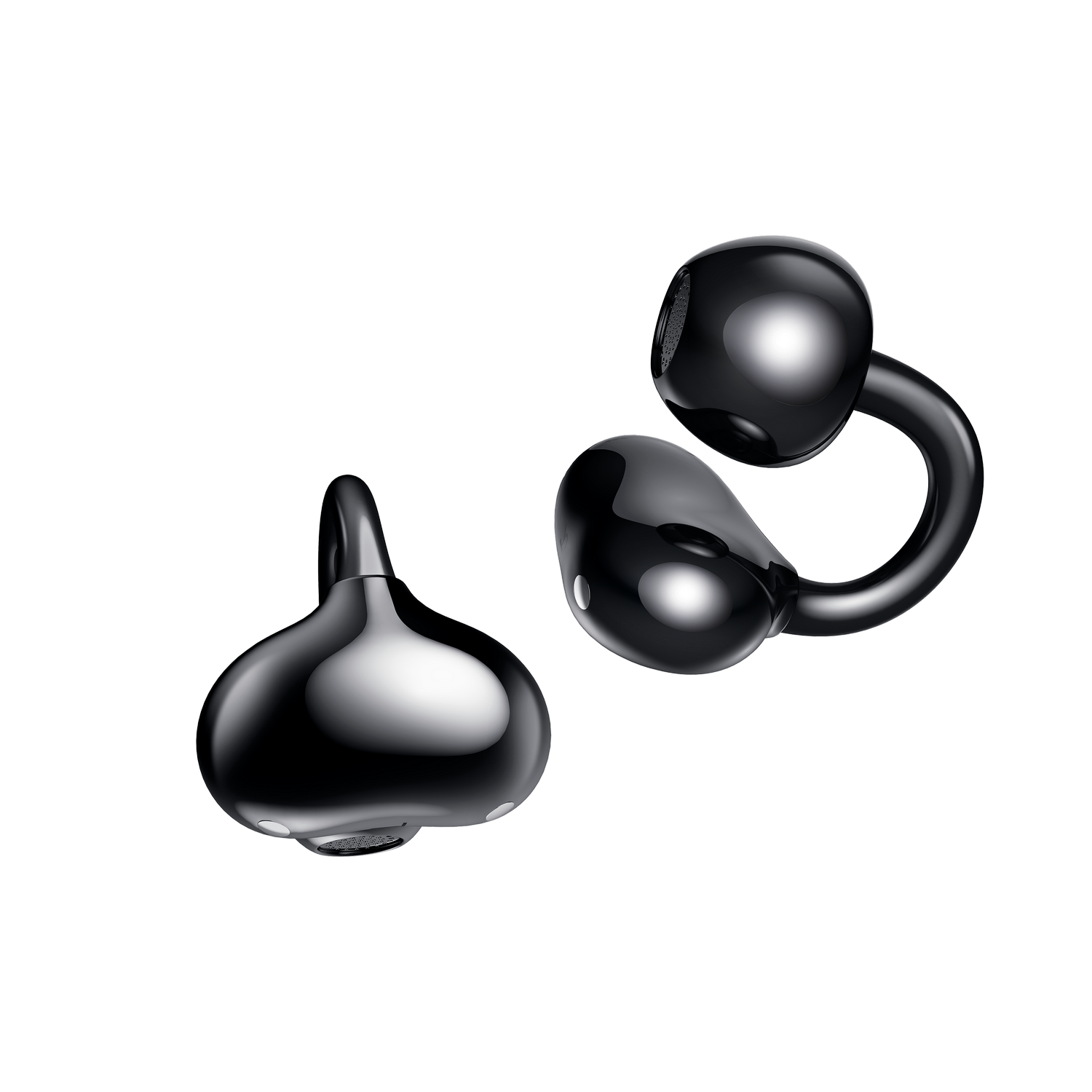 Dos auriculares negros. Fondo negro.