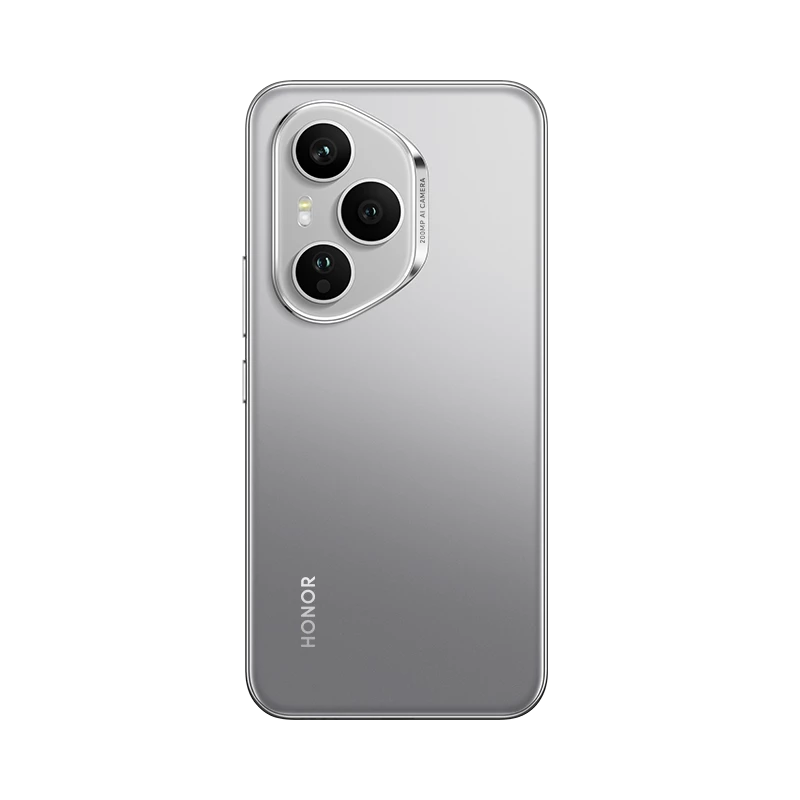 Parte trasera de teléfono plateado con tres cámaras. Logotipo HONOR. Fondo negro.