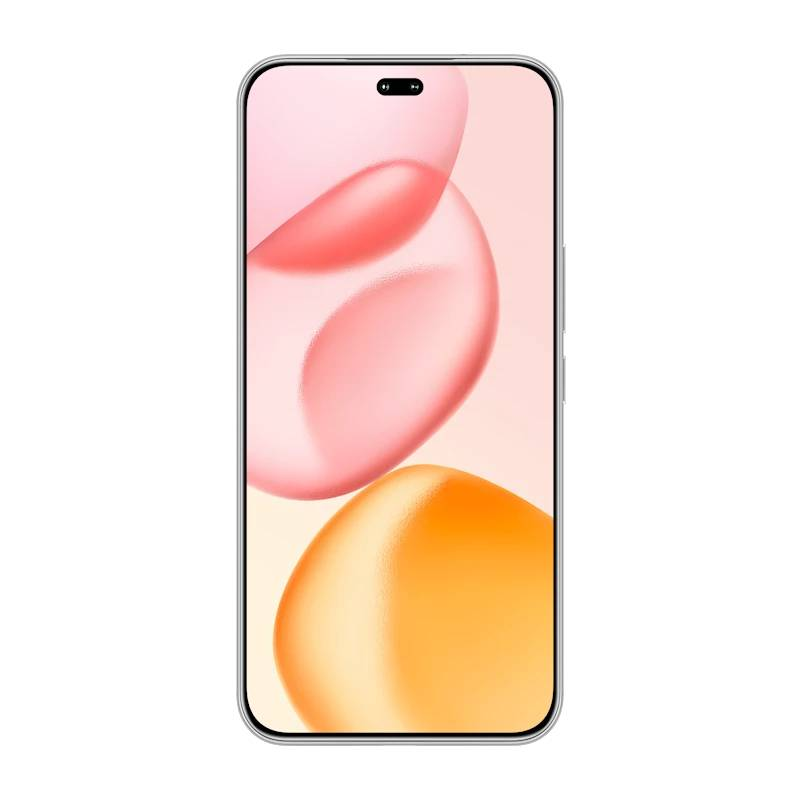 Pantalla de teléfono dorado con formas abstractas rosas y naranjas. Fondo negro.