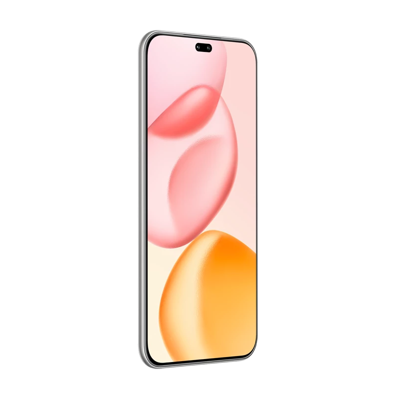 Smartphone plateado con pantalla rosa y naranja, fondo negro.