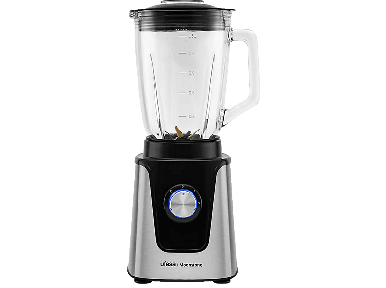 Batidora de vaso - Ufesa Moonstone, 1500 W, 1.5 l, 2 Velocidades+Turbo, Bloqueo seguridad, 6 cuchillas, Plata y Negro