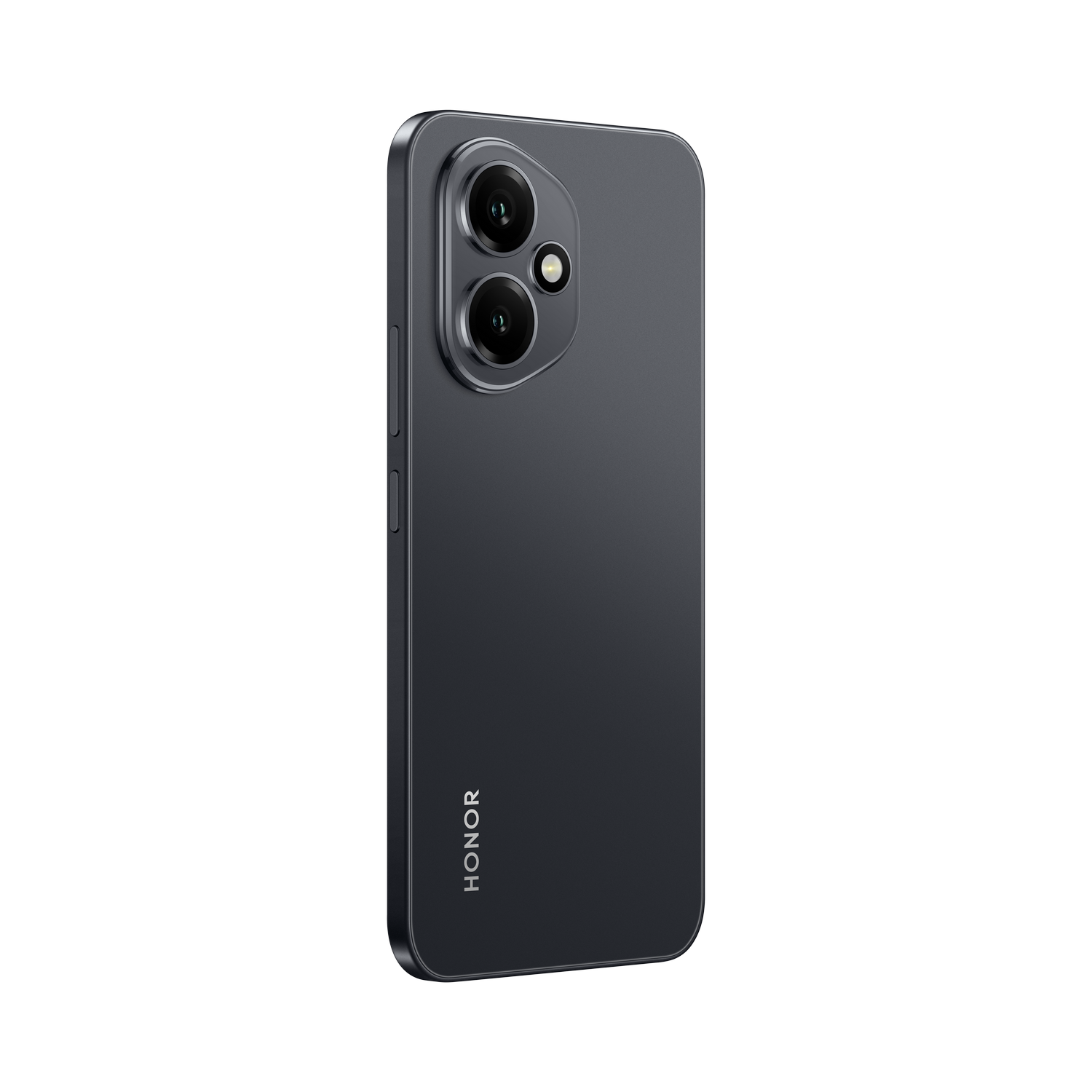 Teléfono Honor gris, vista trasera, con cámaras duales. El teléfono está en ángulo.