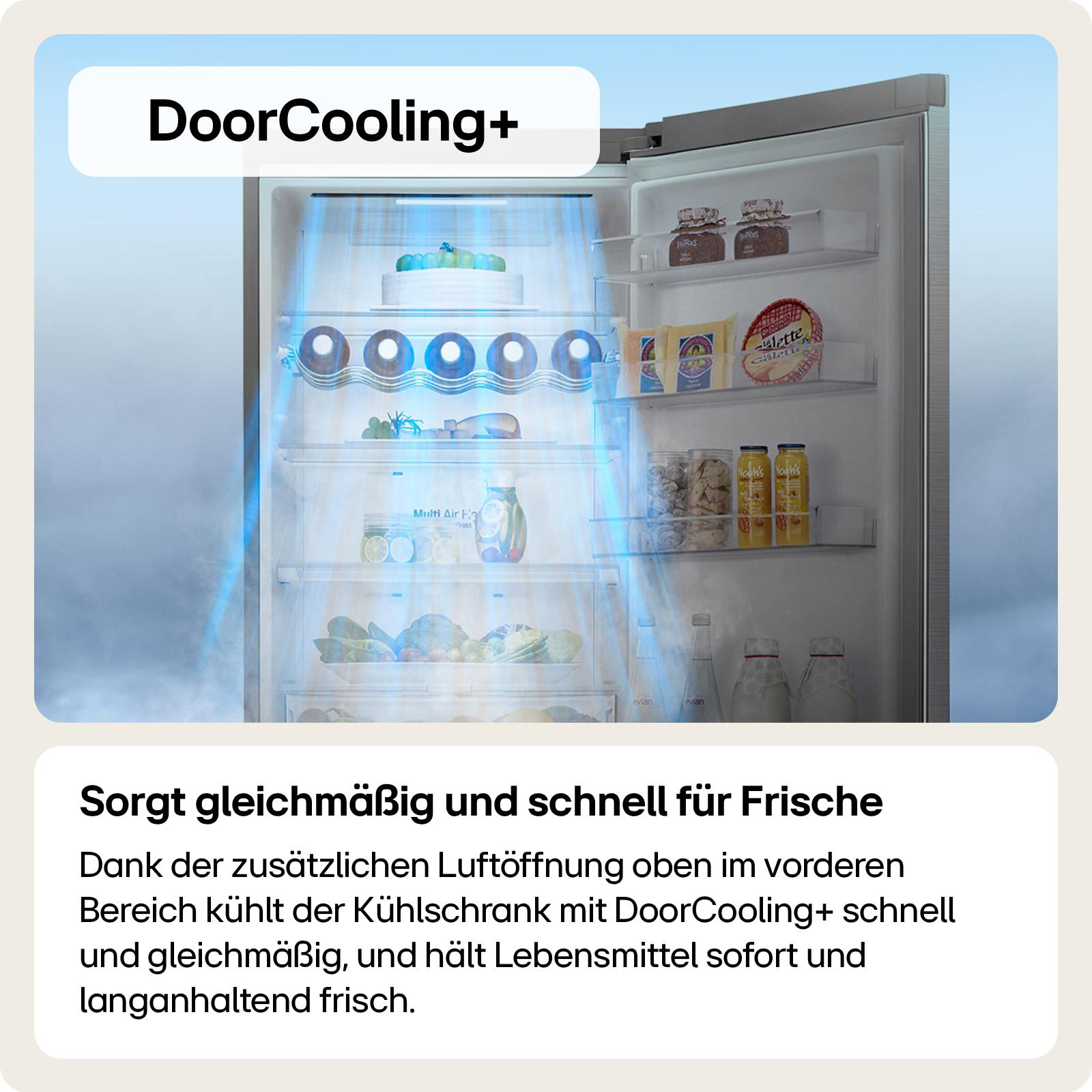 Kühlschrankinnenraum mit Artikeln auf Regalen und der 'DoorCooling+' Funktion.