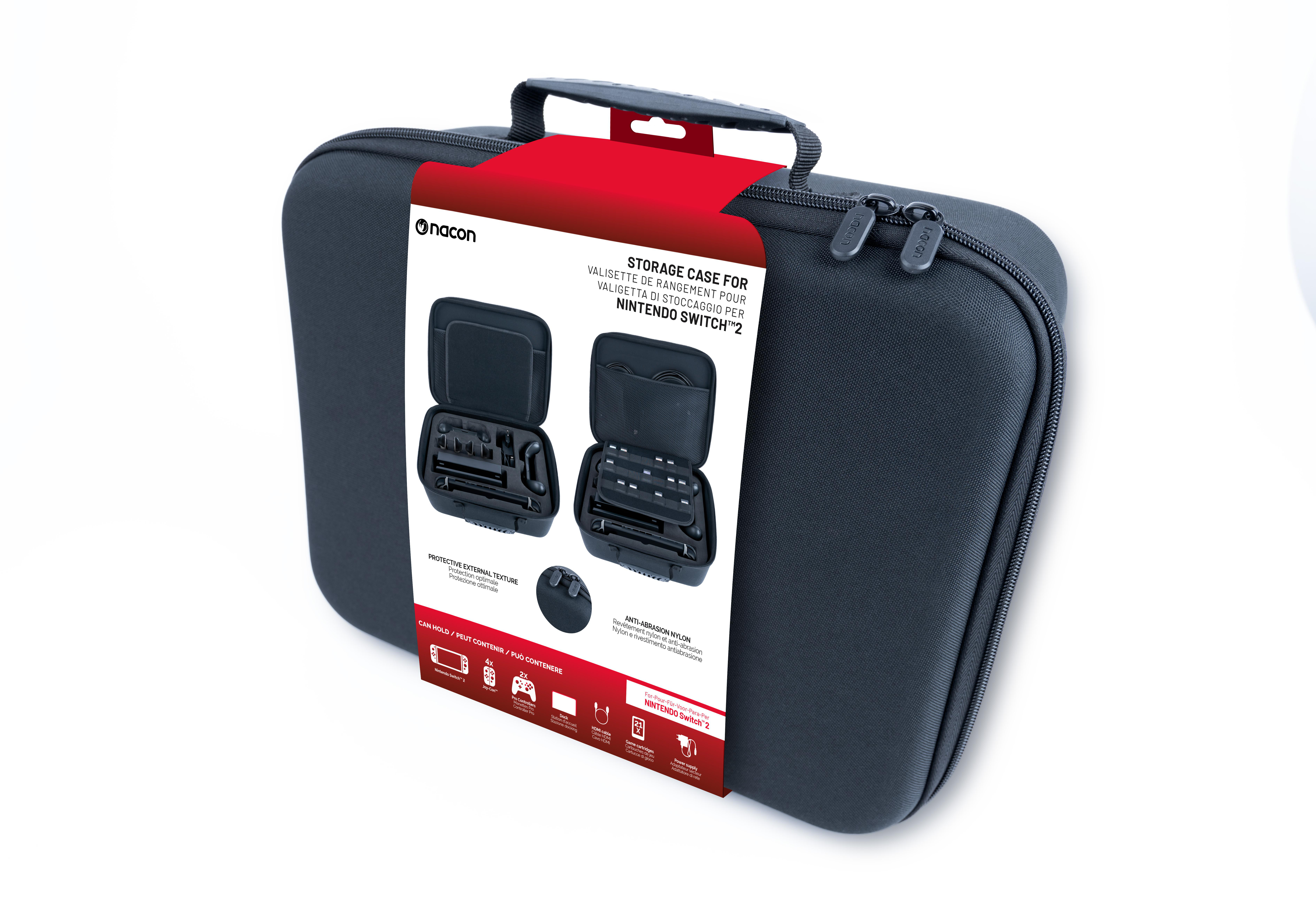 Graue Aufbewahrungstasche für Nintendo Switch mit Zubehör und einem rot-weißen Etikett.