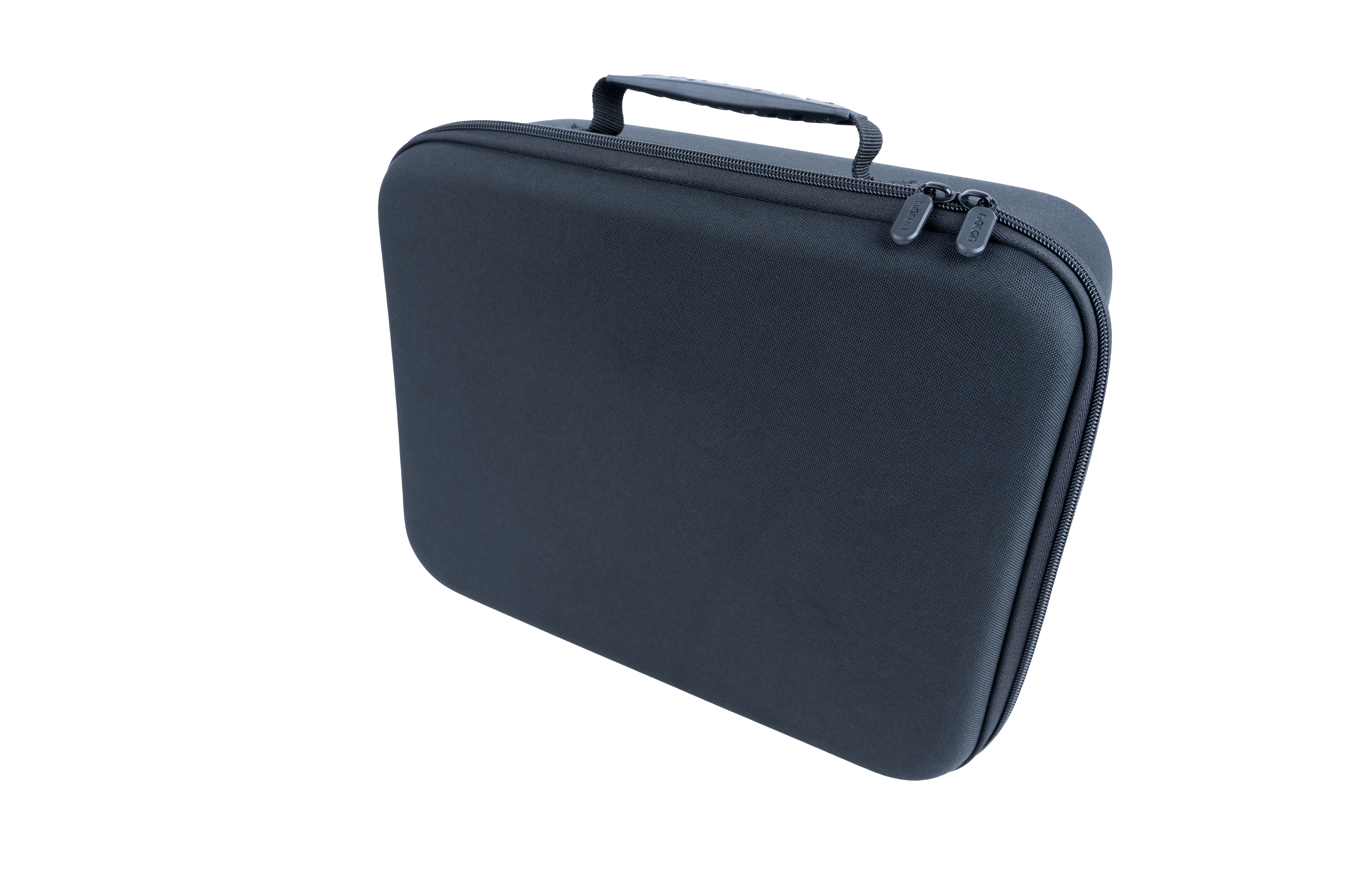 Eine graue, geschlossene Aufbewahrungstasche für eine Nintendo Switch, mit Griff und Reißverschluss.