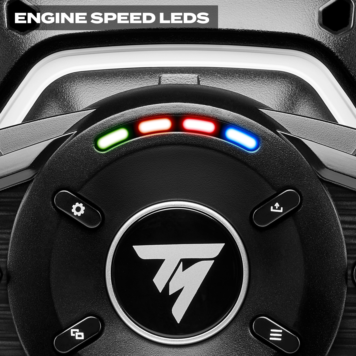Un volant noir avec des boutons, un logo et des LED de vitesse du moteur affichant des lumières vertes, rouges et bleues.