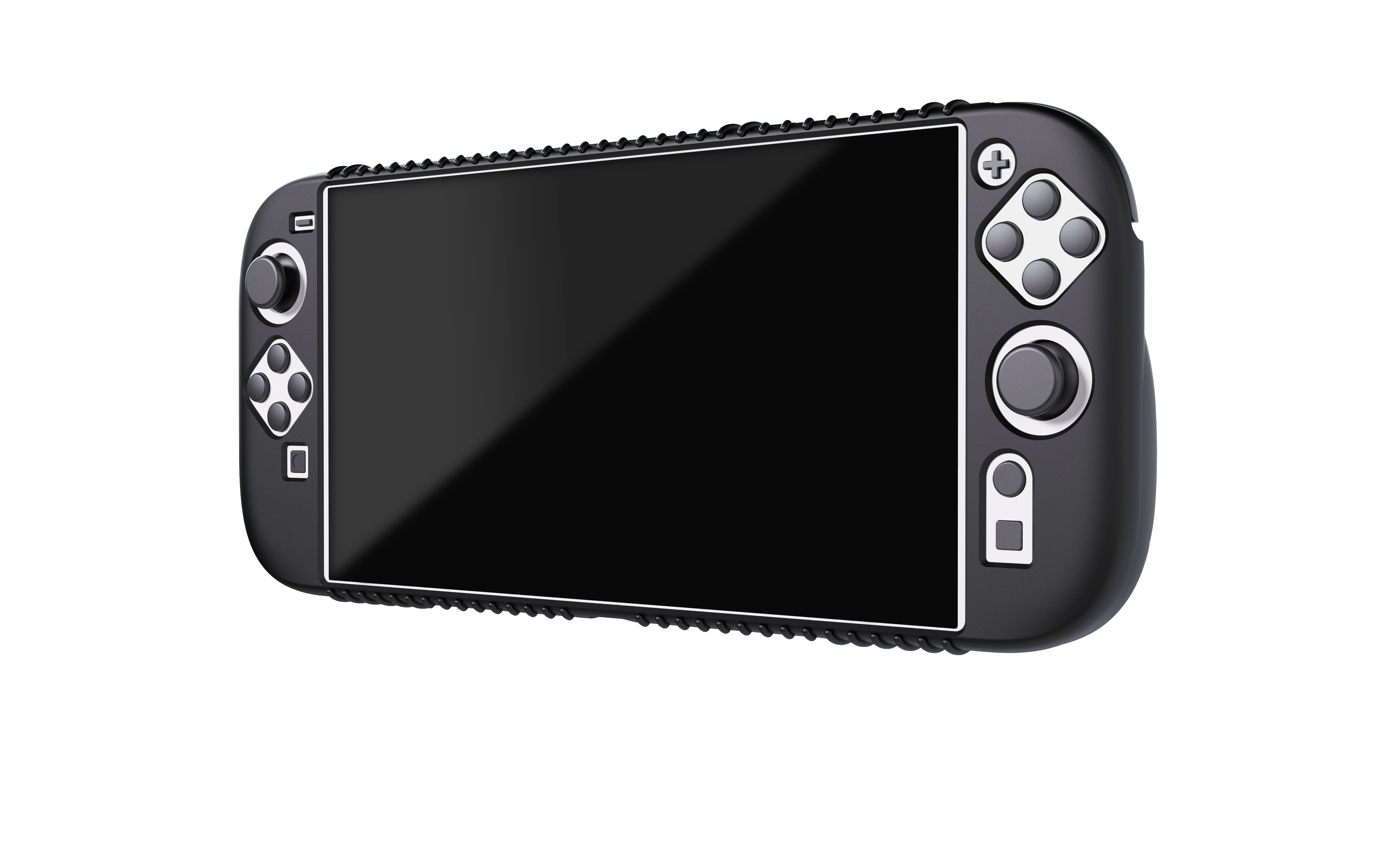 Eine schwarze Handheld-Spielkonsole mit Knöpfen und einem Bildschirm, isoliert auf weißem Grund.