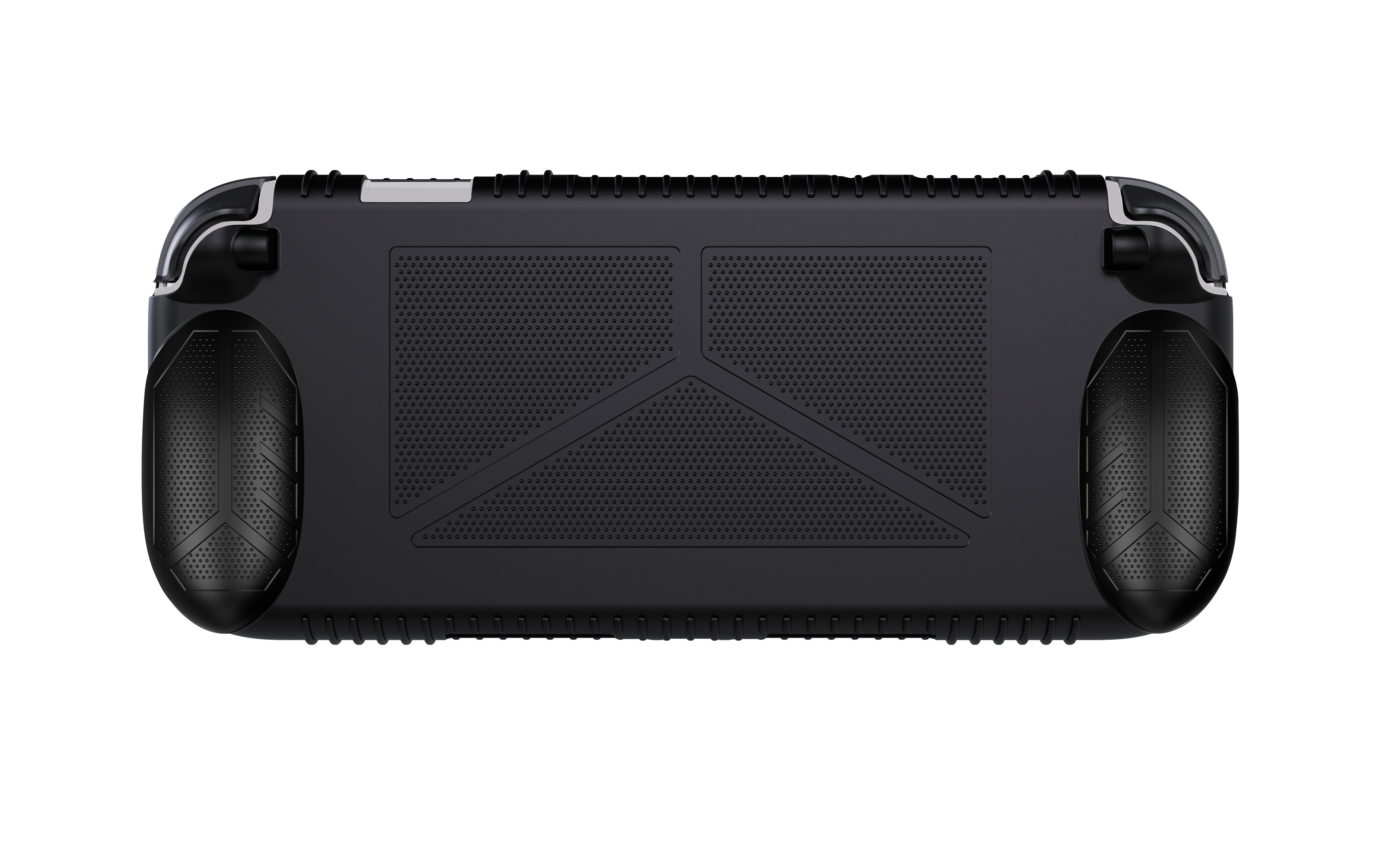Schwarze Handheld-Konsole. Die Rückseite ist schwarz mit strukturierten Griffbereichen und Lüftungsschlitzen. Die Joysticks sind oben.