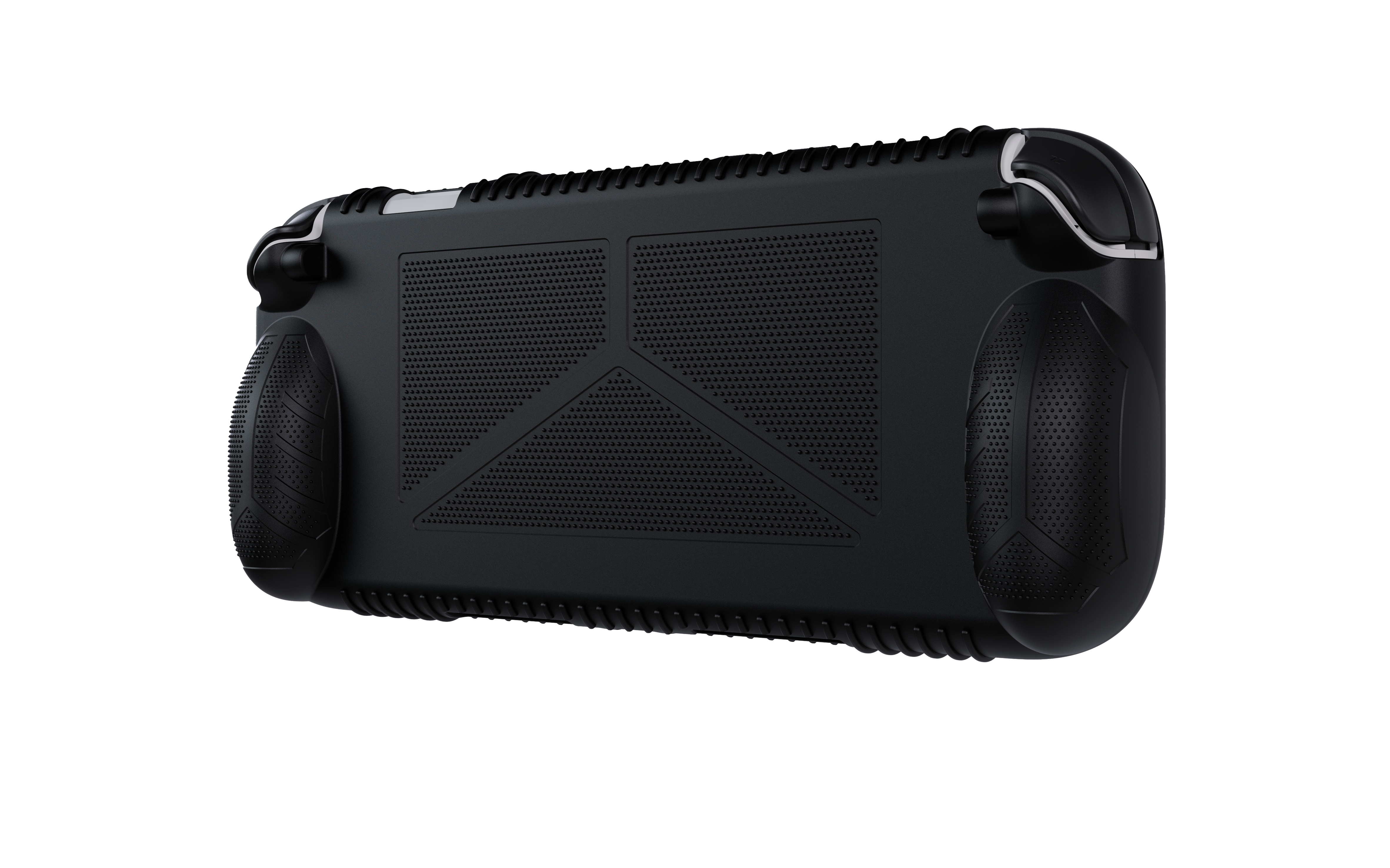 Schwarze Handheld-Konsole mit Griffen und Belüftung. Auf weißem Hintergrund.