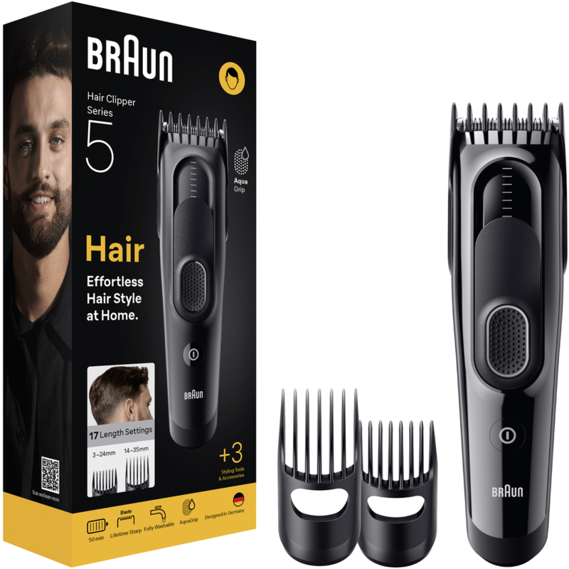 Caja y cortadora Braun Hair Clipper Series 5 con accesorios. Cara de hombre en la caja.