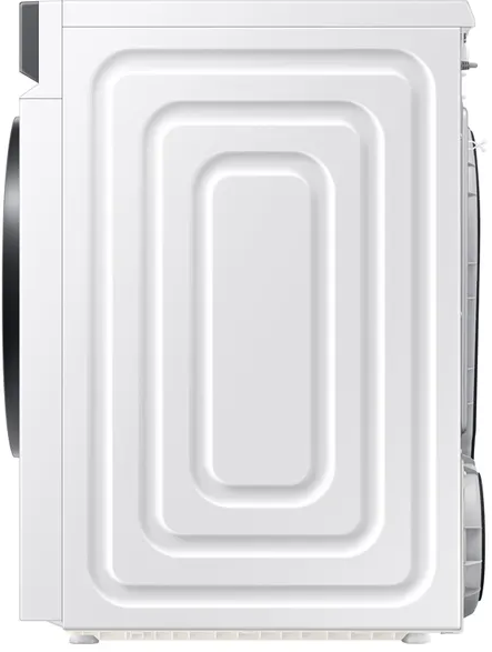 Seitenansicht eines weißen Samsung-Trockners. Die Seite ist massiv, rechteckiges Design.