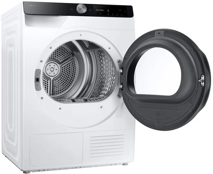 Asciugatrice Samsung bianca, porta aperta. Cornice nera. Tamburo interno visibile. Pannello superiore.