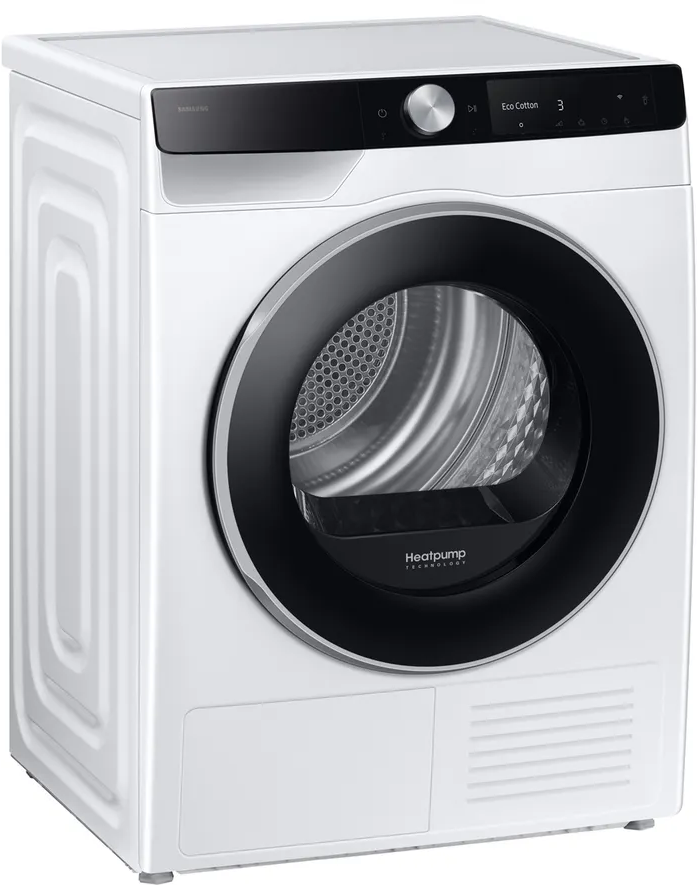 Asciugatrice Samsung bianca. Cornice porta, pannello comandi e elementi neri. Etichetta 'Heatpump'.