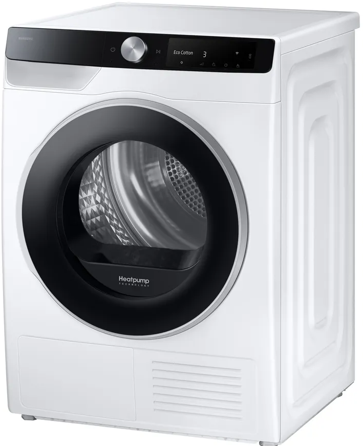 Asciugatrice Samsung bianca. Cornice porta, pannello comandi e elementi neri. Vista angolata. Heatpump.