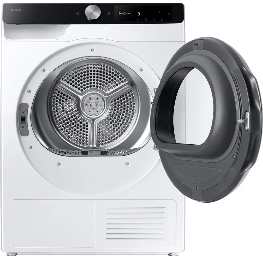 Asciugatrice Samsung bianca, porta aperta. Cornice nera. Tamburo interno visibile. Pannello superiore.