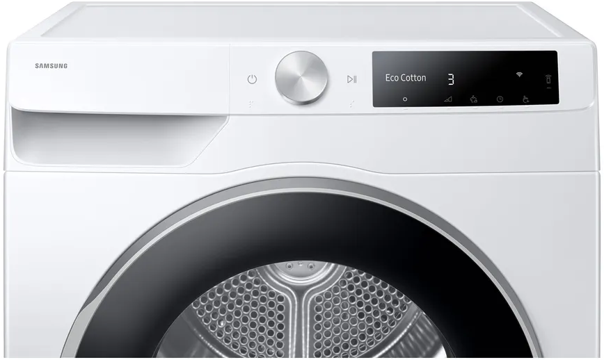 Gros plan sur le panneau de commande du sèche-linge Samsung. Panneau noir avec écran, boutons et molette.
