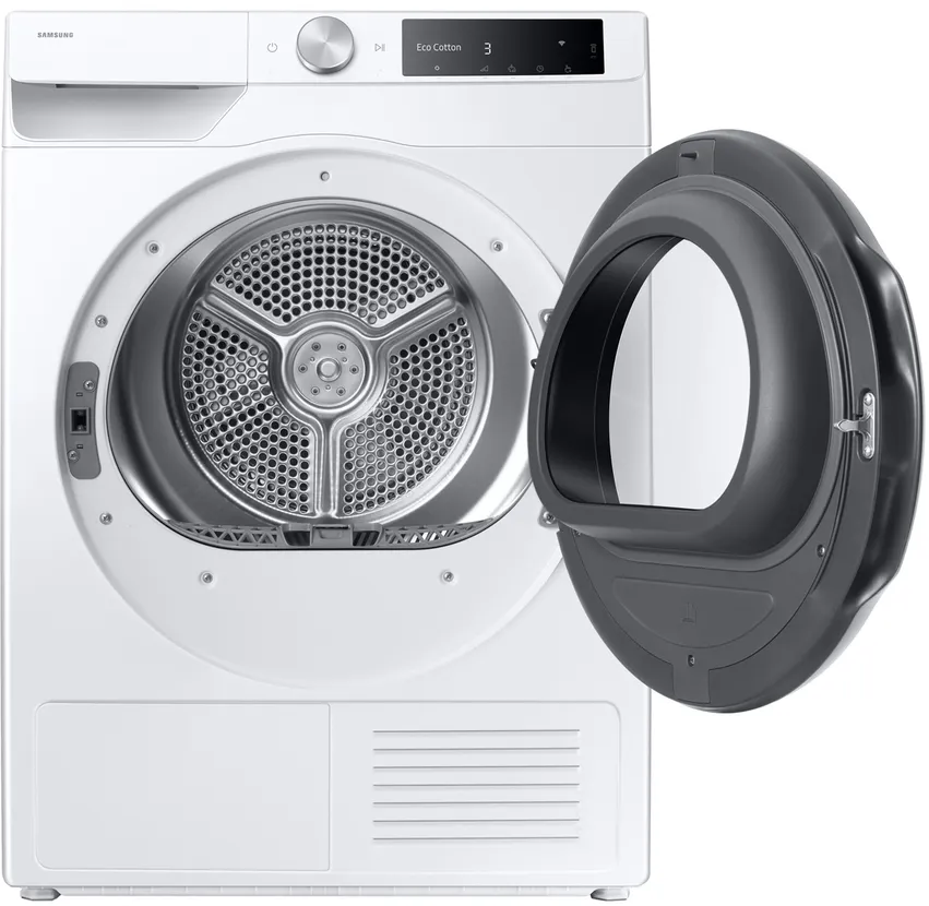 Sèche-linge Samsung blanc, porte ouverte. Cadre de porte noir. Tambour intérieur visible. Panneau en haut.