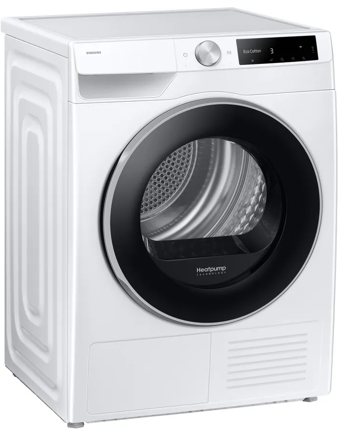 Un sèche-linge Samsung blanc avec une porte noire et une étiquette Eco Cotton.