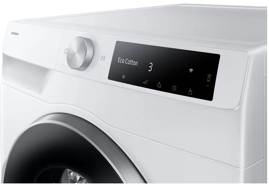 Gros plan du dessus d'un sèche-linge Samsung blanc. Il a un affichage numérique et un bouton rotatif.