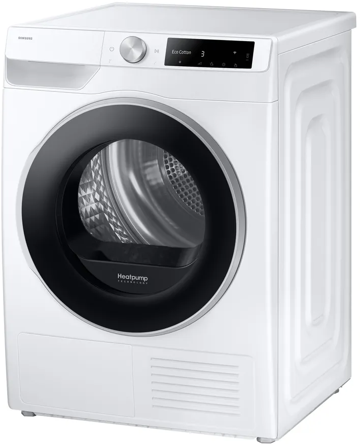 Sèche-linge blanc avec une porte noire. La marque est Samsung. Il dispose d'un affichage numérique et d'un bouton rotatif.