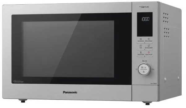 Microonde argentato, display mostra 10:00. Comandi a destra. Marchio: Panasonic.
