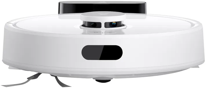 Aspirapolvere robotico bianco con sensore. Il marchio è Roborock.