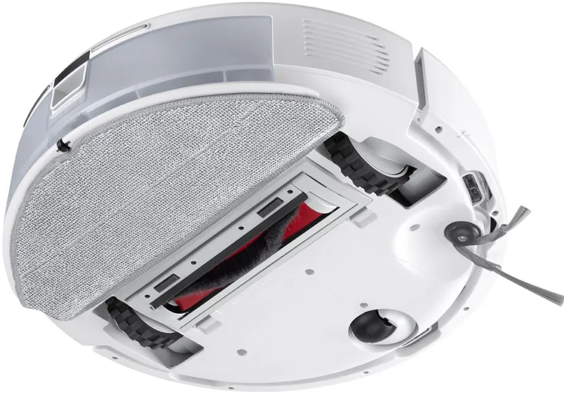 Parte inferiore di un aspirapolvere robotico bianco. Spazzola rossa e mop grigio visibili. Marchio: Roborock.