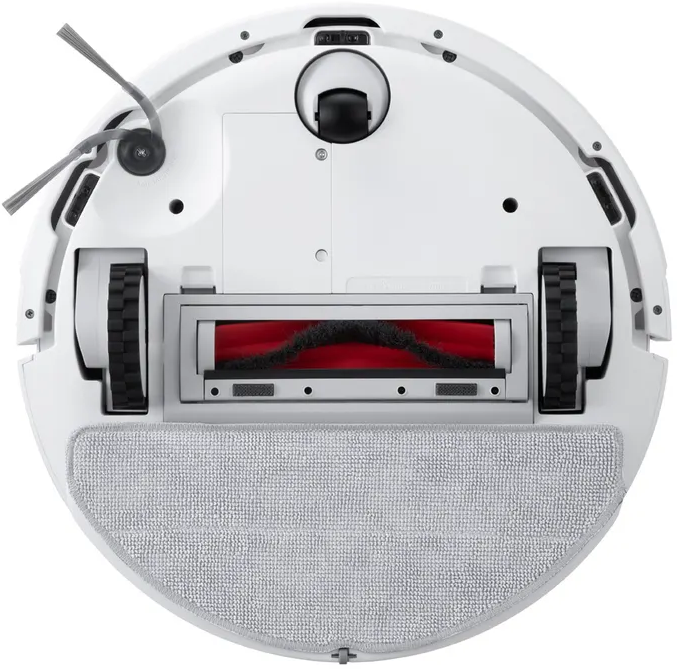 Parte inferiore di un aspirapolvere robotico bianco. Spazzola rossa e mocio grigio sono visibili. Marchio: Roborock.