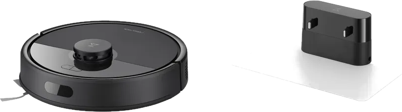 Aspirateur robot avec station de charge. Design noir et rond. Fond blanc.