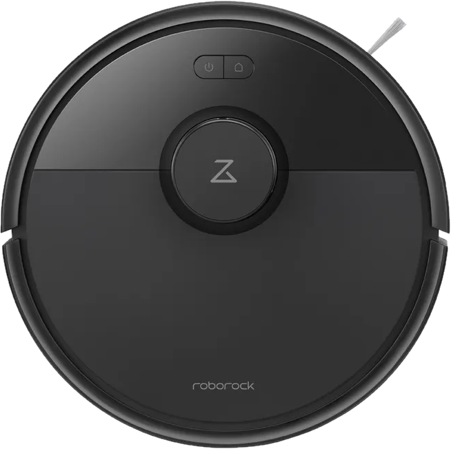 Vue de dessus d'un aspirateur robot noir. Design simple, boutons marche/arrêt et accueil.