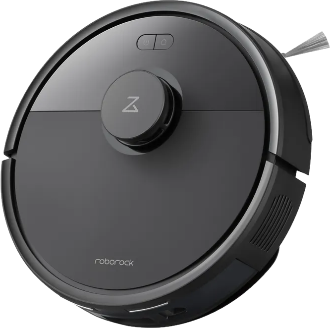 Aspirateur robot rond noir avec texte Roborock et deux boutons.