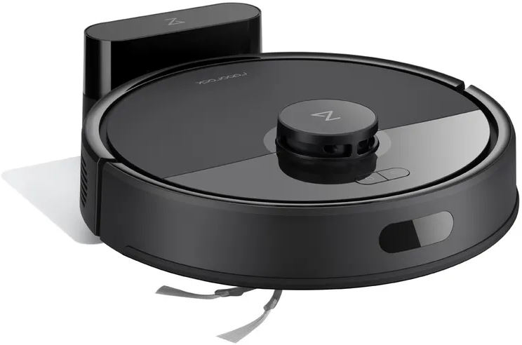 Aspirateur robot noir avec station de charge. Bouton d'alimentation, logo Roborock visible.