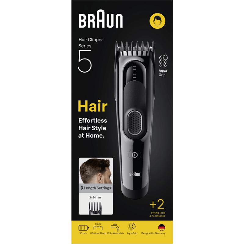 Embalaje de cortapelos Braun. Cuerpo negro, icono de cabello y cuchilla. 9 ajustes de longitud.