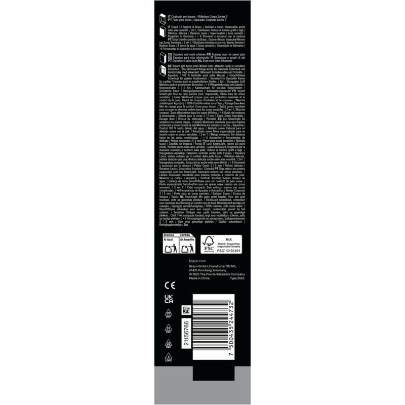 Información del producto en varios idiomas. Incluye símbolos de reciclaje y el logo de Braun. Fondo negro.