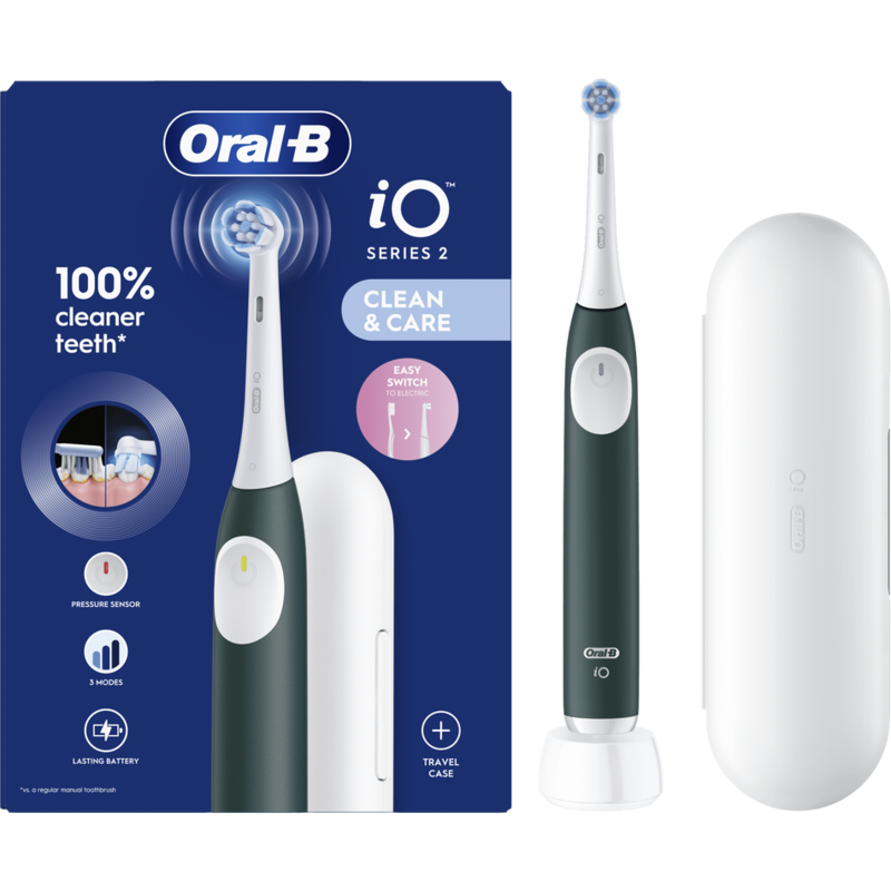 Se muestra un cepillo de dientes Oral-B iO Series 2 con un estuche de viaje.