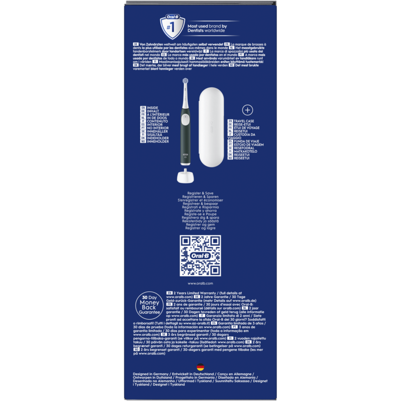 La parte trasera de una caja de cepillo de dientes con un cepillo eléctrico y un estuche de viaje.