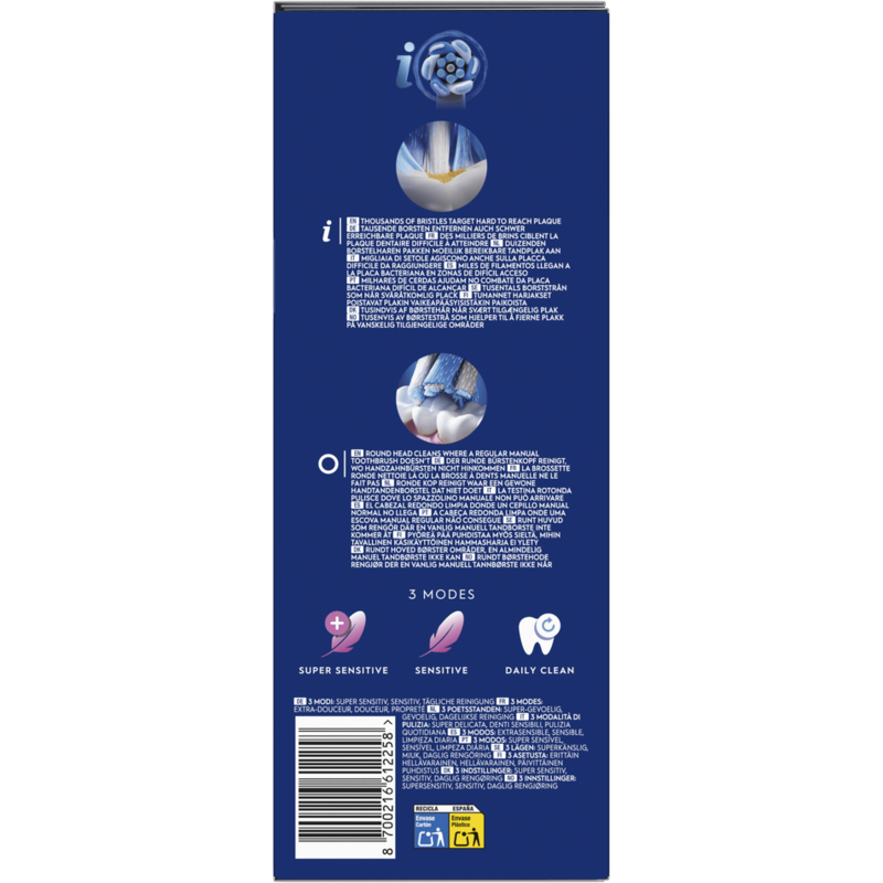 Embalaje del cabezal del cepillo de dientes con texto en varios idiomas y 3 modos.