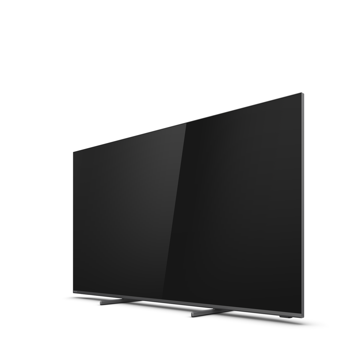 A large black television screen against a white background, angled.