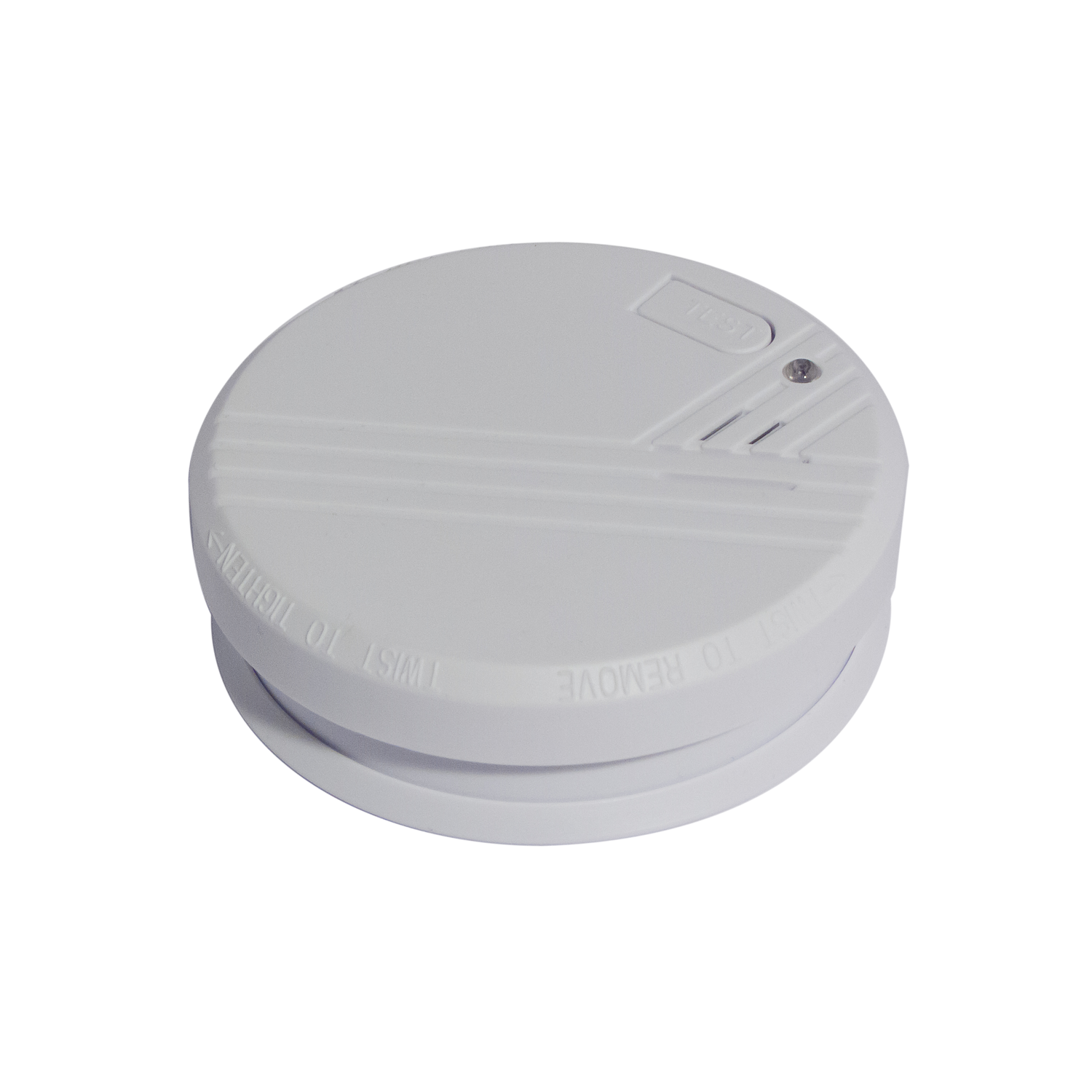 A white smoke detector, round shape, with a test button and text on the side.
