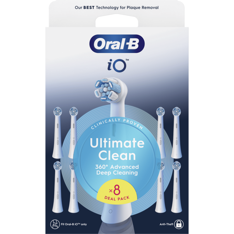 Una caja blanca y azul con un cabezal de cepillo de dientes y un mango de cepillo de dientes. Dice Ultimate Clean x 8.