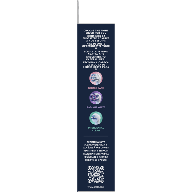 Un lado de una caja de cepillo de dientes con texto en varios idiomas y un código QR para el registro.