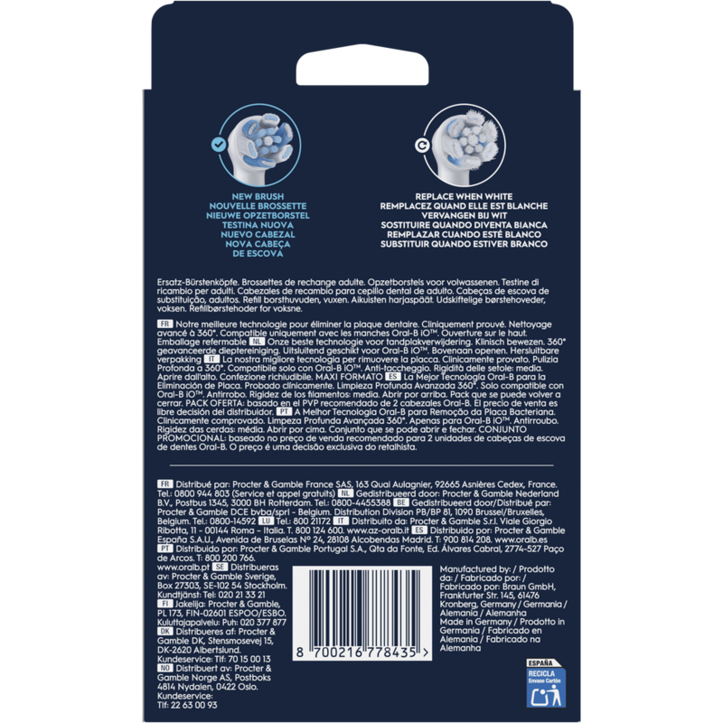 Caja blanca y azul con texto en varios idiomas, con cabezales de cepillo y descripciones en varios idiomas.