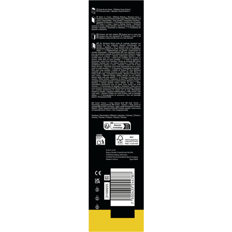 Parte trasera del embalaje del producto con detalles y el logotipo de Braun.