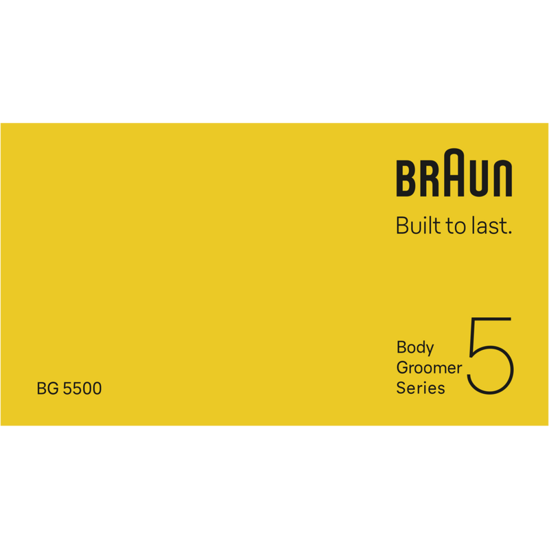 Fondo amarillo con el logo de Braun, texto Built to last y Body Groomer Series 5.