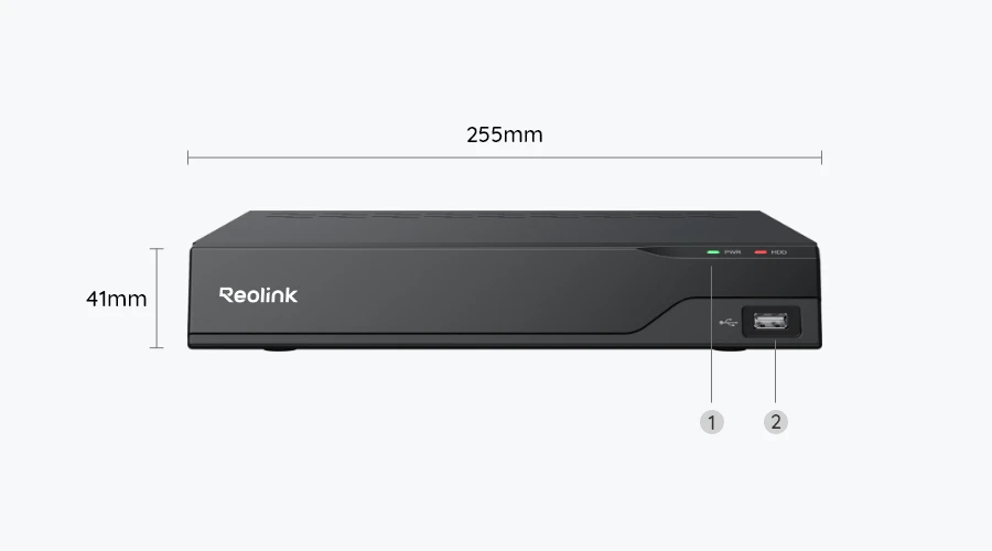 Reolink biztonsági eszköz méretekkel és címkékkel az USB portra és a jelzőre.