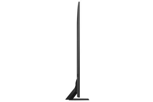 Şık, siyah bir TV yandan görünüm. İnce ve minimalist bir standı var.