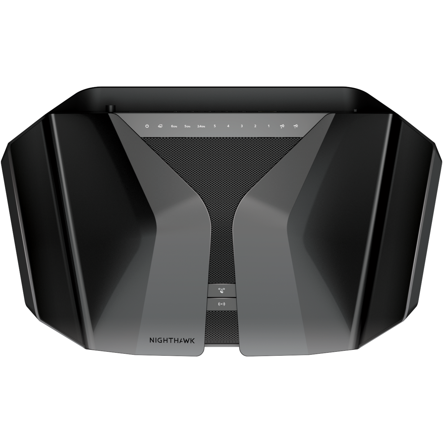 Zwarte Nighthawk router, bovenaanzicht.