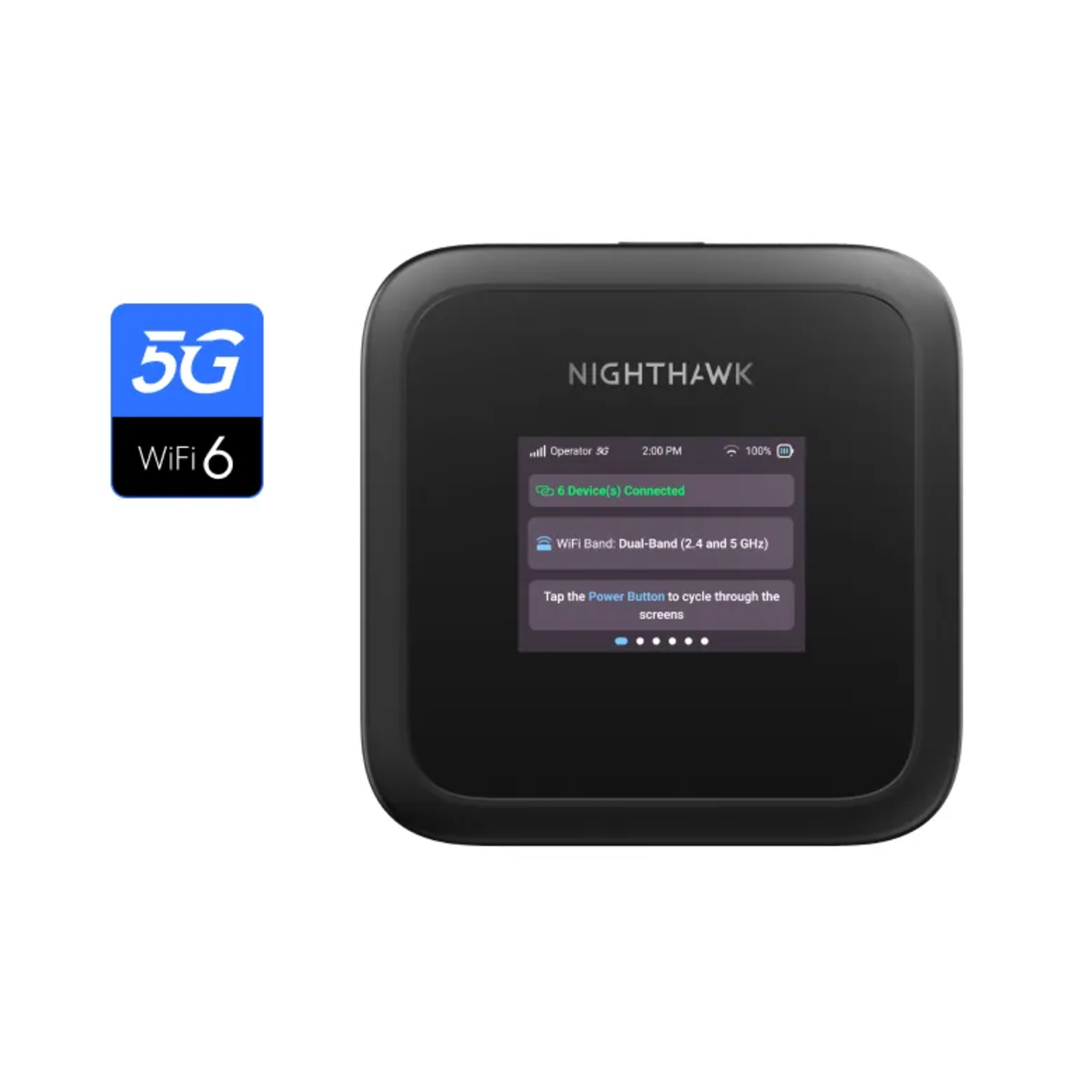Nighthawk router scherm en 5G Wifi 6 logo.