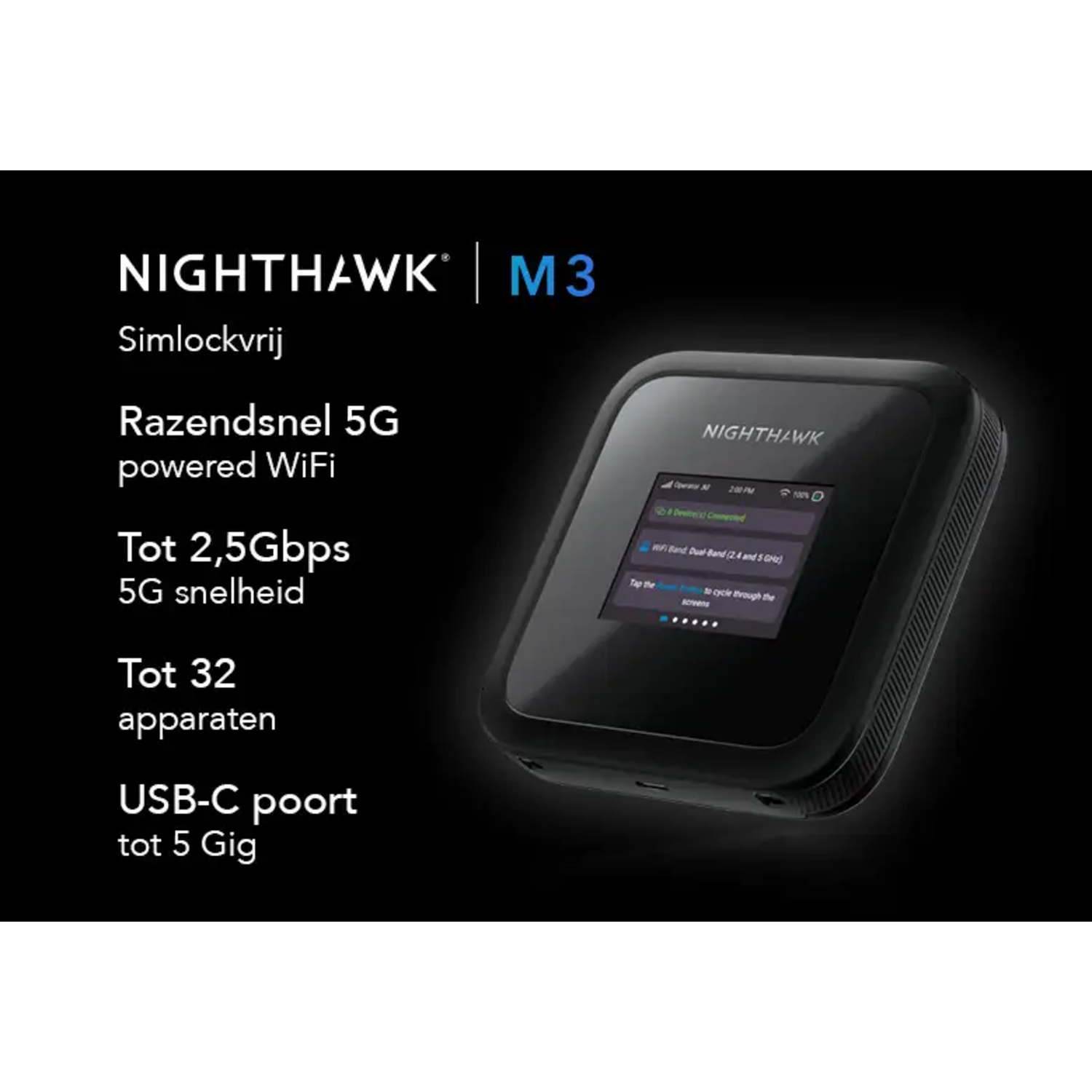 Zwarte Nighthawk M3 router. Tekst links. Scherm rechts. Donkere achtergrond.