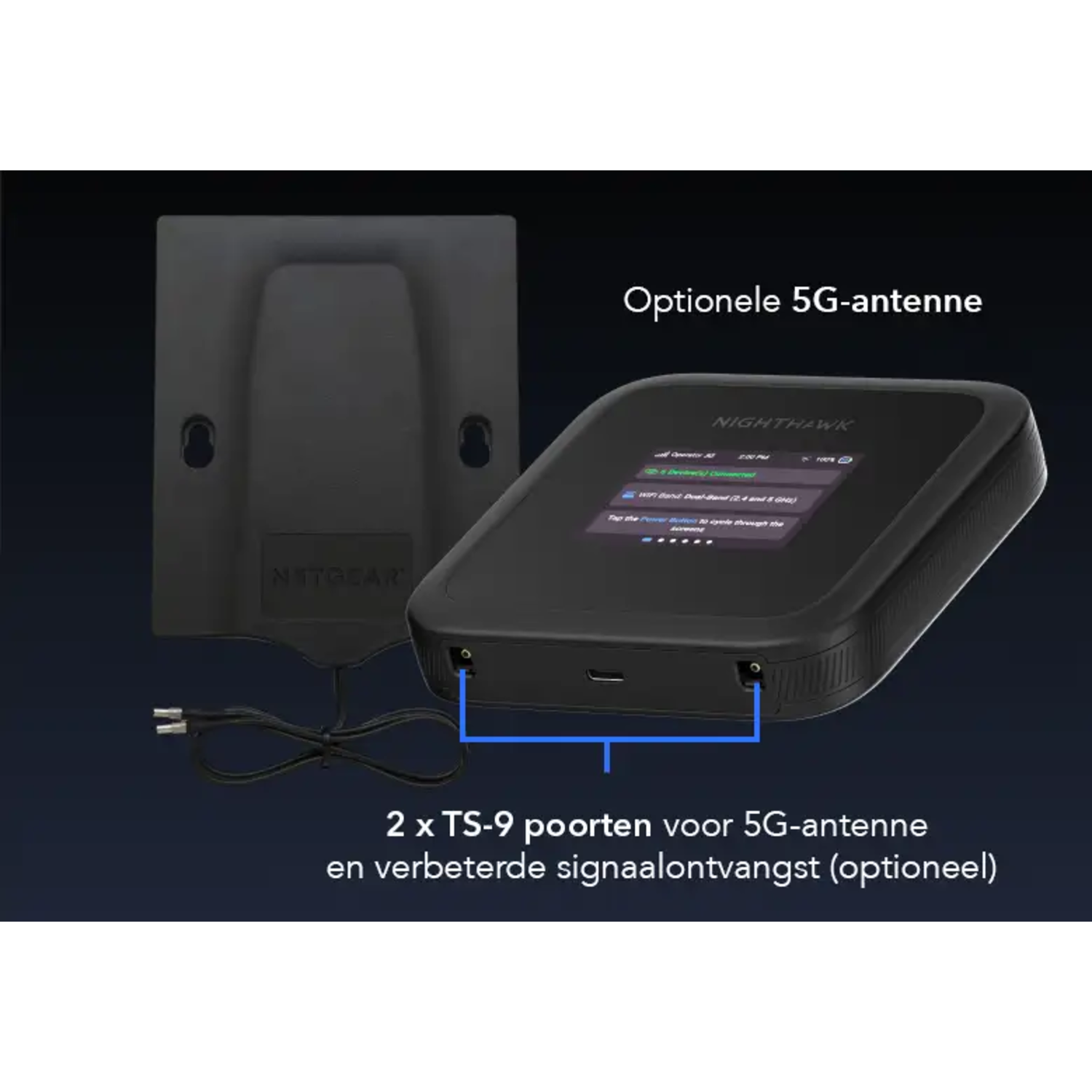 Zwarte router met antennepoorten en een optionele antenne. Zwarte achtergrond.
